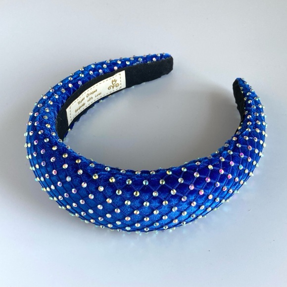 Blue Padded 1.5” Headband with Rhinestone-Adorned Mesh Overlay Handmade - Picture 7 of 10